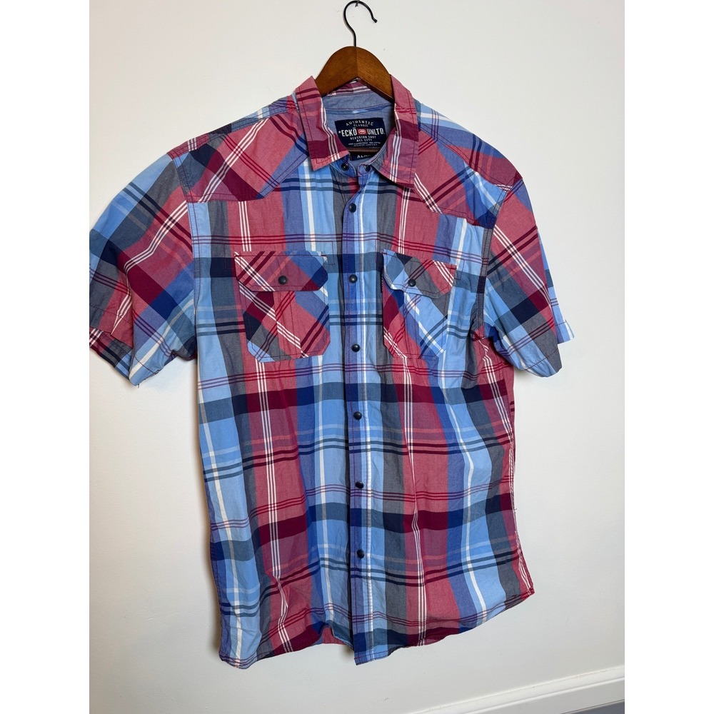 Ecko Unltd Mens XL Plaid‎ Short Sleeve Button Down Shirt Blue Red Western Yoke